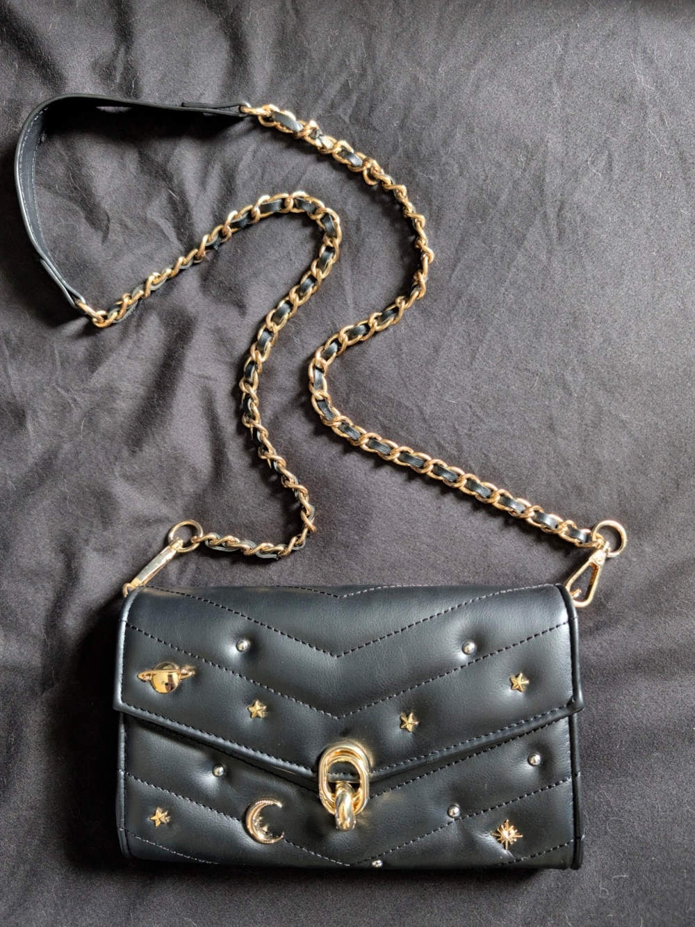 ALDO Black Quilted Chain Crossbody Bag with Gold Star & Moon Accents